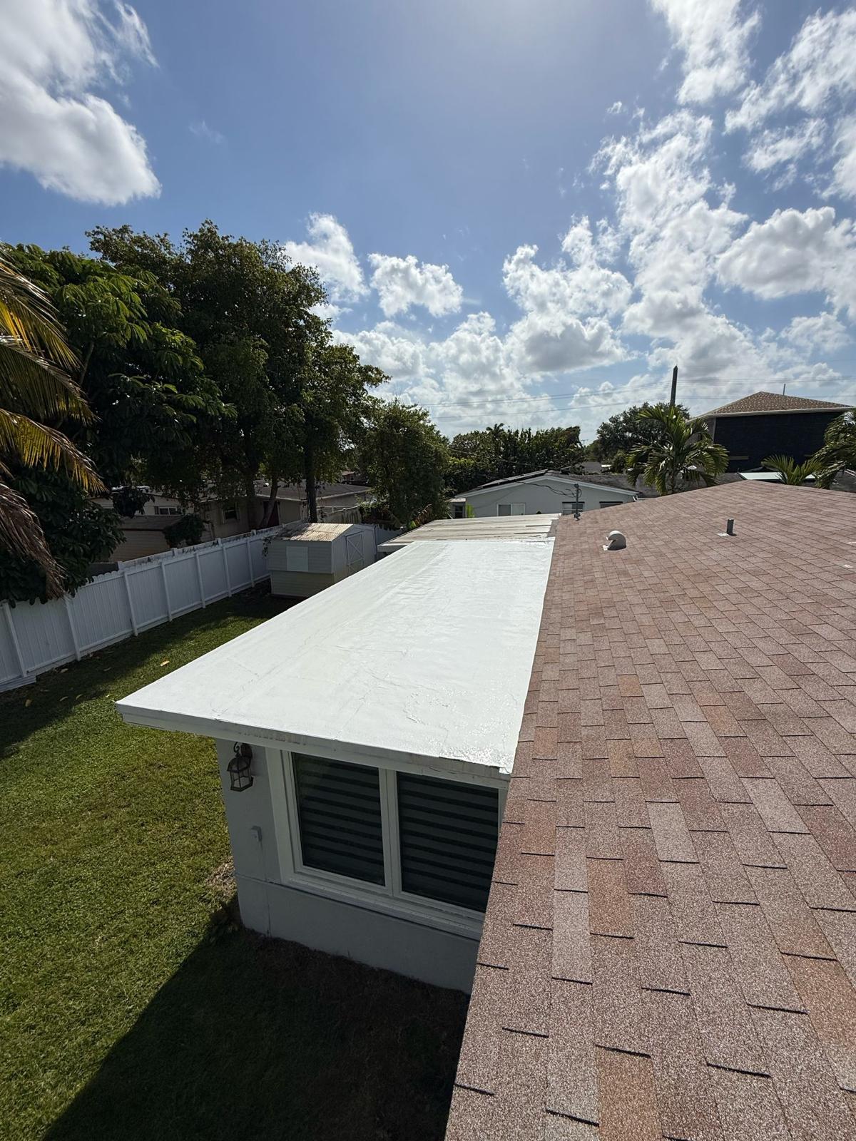 Clean white flat roof after silicone restoration